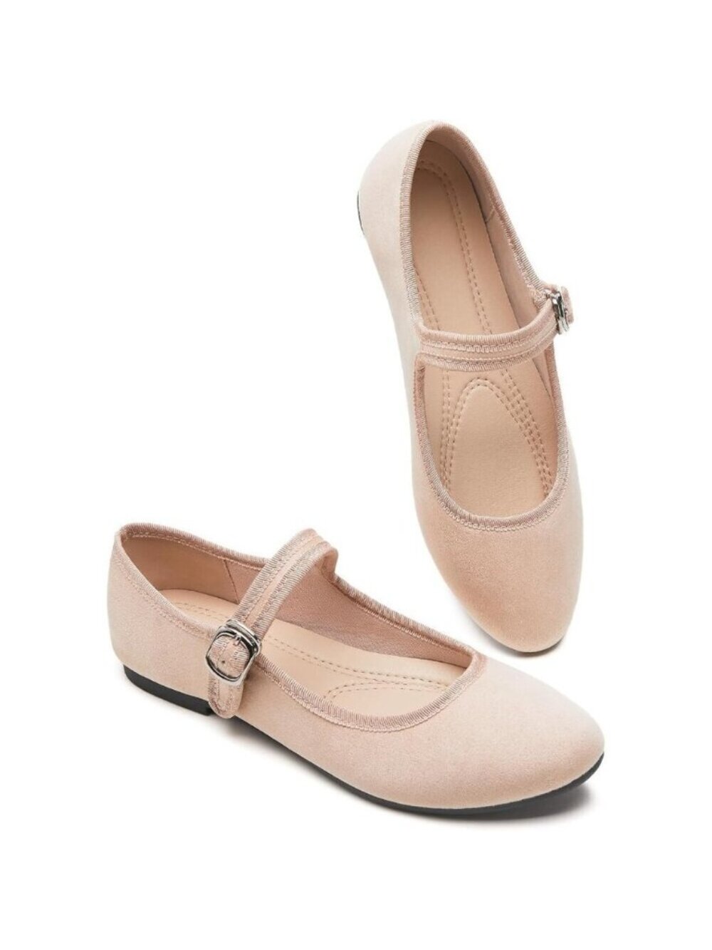 Babudog Womens Nude Faux Suede Rounded Toe Mary Jane Ballets Flats with Strap